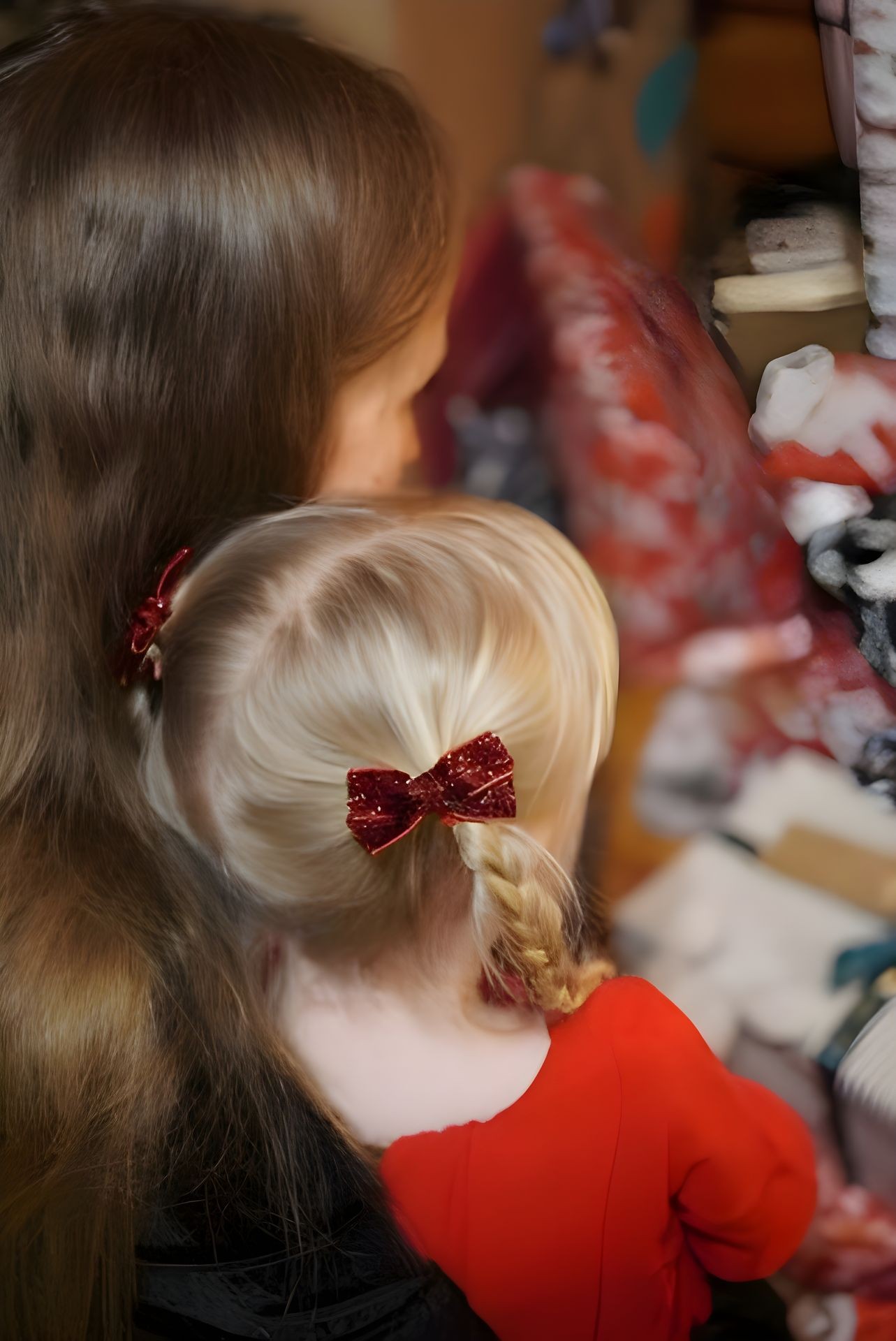 Back view of two children with braided hair and red bows, looking at colorful Christmas stockings.