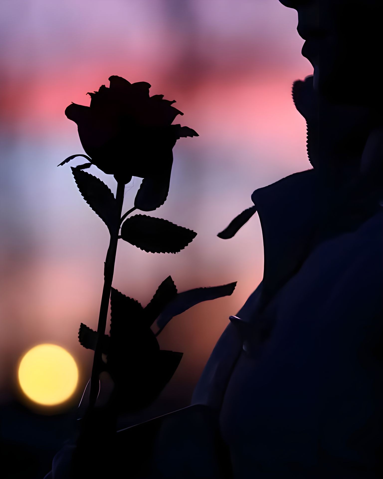 Silhouette of a person holding a rose against a sunset sky.
